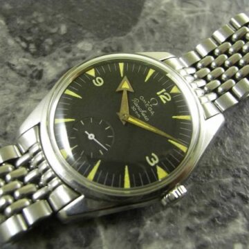 オメガ ランチェロ アローハンド 1958年 初期型 スモセコ 2990-1 希少 ブレス付 黒文字盤 正面全体